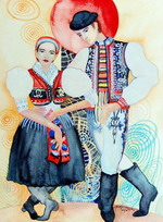 SLÁVIKatka 2oo1 - akvarel/CANSON - Kendický kroj - Tanečníci